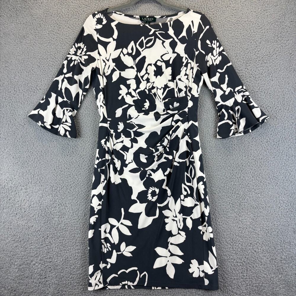 Ralph Lauren Sheath Dress Gray Floral Ruched Stretch V Neck Artsy Classic Career - Picture 1 of 10